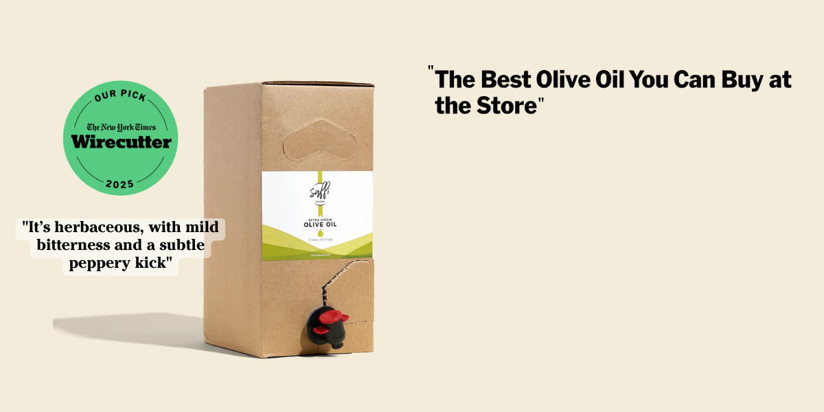 Olive oil packaging with a label and text on a beige background